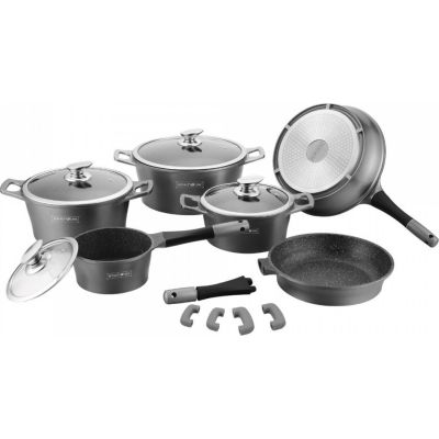 Royalty Line Σετ Μαγειρικά Σκεύη από Αλουμίνιο Silver με Επίστρωση από Μάρμαρο RL-ES1014M-SLV 14τμχ