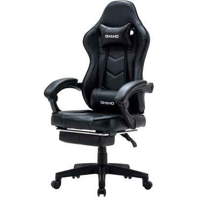 Καρέκλα Gaming Δερματίνης με Ρυθμιζόμενο Μαξιλάρι Μασάζ και Υποπόδιο OHAHO Χρώματος Μαύρο-GCGC-BLACK