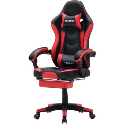 Καρέκλα Gaming  Δερματίνης με Ρυθμιζόμενο Μαξιλάρι Μασάζ  και Υποπόδιο OHAHO Χρώματος Κόκκινο - Μαύρο 