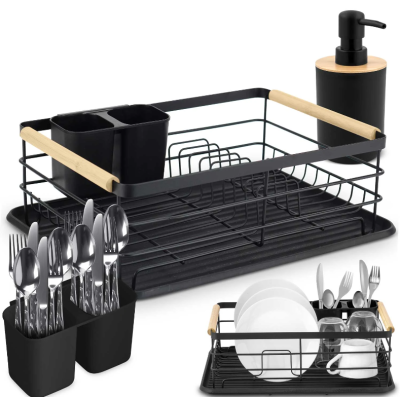 Σετ Πιατοθήκη Στεγνωτήριο Πιάτων απο Υψηλής Ποιότητας Αλουμίνιο και Ξύλο Με Δοχείο Σαπουνιού σε Μαύρο χρώμα MS-600 Massido