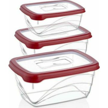 Herzberg Σετ Πλαστικά Φαγητοδοχεία Μπολ 3 τεμαχίων, με καπάκι ασφαλείας σε κόκκινο χρώμα, HG-L772