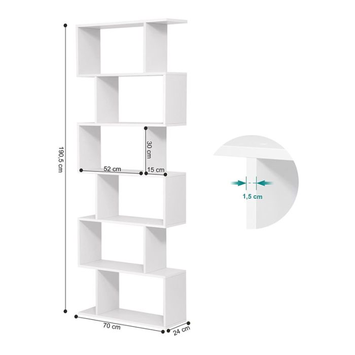  Ξύλινη Βιβλιοθήκη με 6 Ράφια 70 x 24 x 190.5 cm Χρώματος Λευκό VASAGLE LBC61WT 