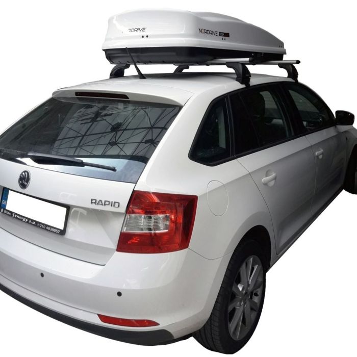  SKODA RAPID SPACEBACK 5D 2013&gt; ΜΠΑΡΕΣ ΟΡΟΦΗΣ ΑΛΟΥΜΙΝΙΟΥ &amp; ΜΠΑΓΚΑΖΙΕΡΑ BOX 430 LT (ΛΕΥΚΗ-ΑΣΠΡΗ/ΓΥΑΛΙΣΤΕΡΗ) NORDRIVE 