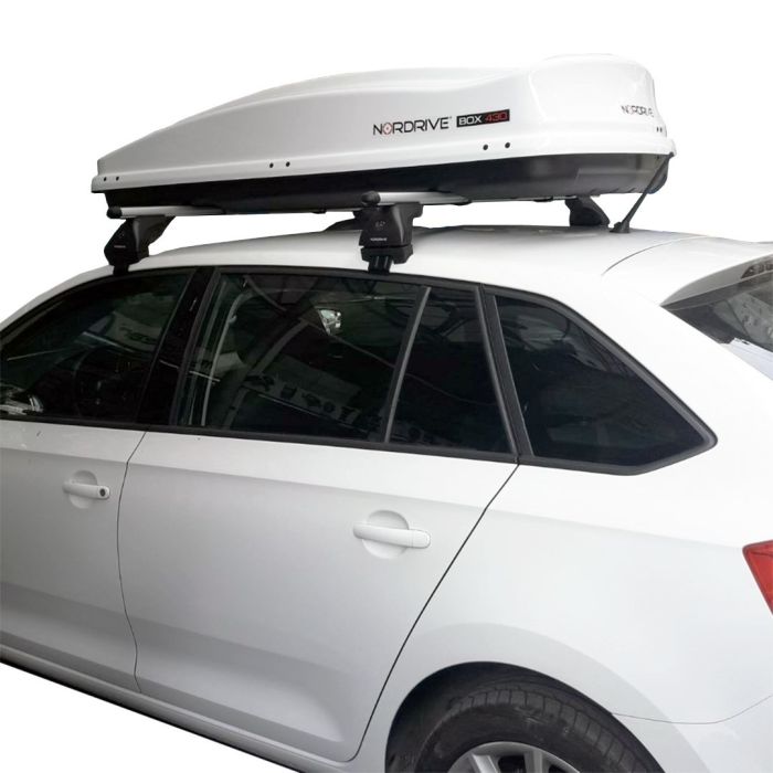 SKODA RAPID SPACEBACK 5D 2013&gt; ΜΠΑΡΕΣ ΟΡΟΦΗΣ ΑΛΟΥΜΙΝΙΟΥ &amp; ΜΠΑΓΚΑΖΙΕΡΑ BOX 430 LT (ΛΕΥΚΗ-ΑΣΠΡΗ/ΓΥΑΛΙΣΤΕΡΗ) NORDRIVE 