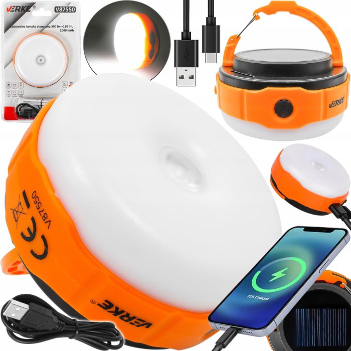 Επαναφορτιζόμενο Ηλιακό Φανάρι Led 500 lm +110 lm, 2000 mAh VERKE-V87550